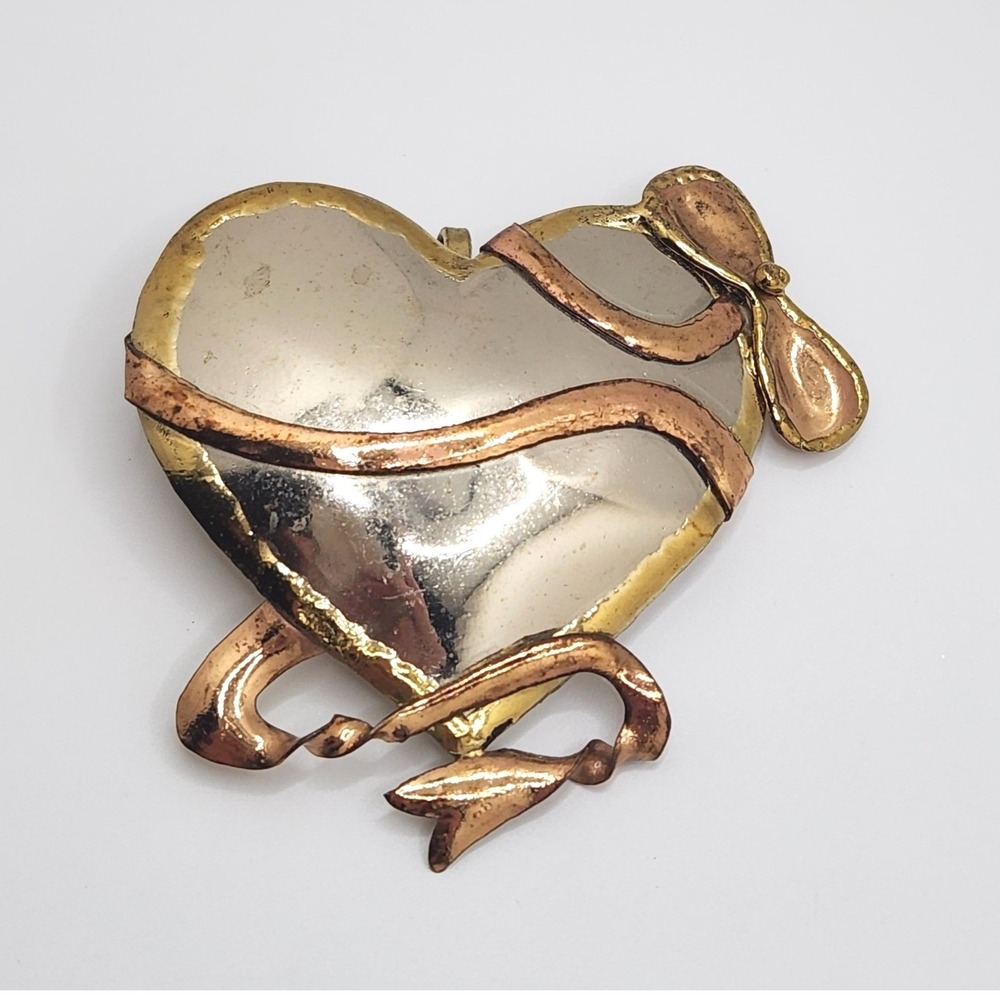 Vintage Modernist Brutalist Heart Bow Brooch Pendant Large Tricolor Artisan MCM